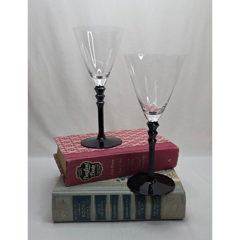Vintage Sasaki Black Tie Crystal Martini Glasses | Pair | Black Geometric Stem